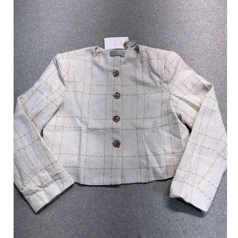 Women's Tweed Cropped Jacket Cream Gold‎ Plaid Textured Blazer Size S NWT Office
